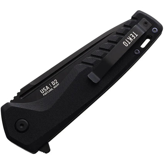 Tekto Knives F3 Charlie Button Lock Black Folding Knife - D2 Tool Steel Blade, G10 Handle, Blue Anodized Accents by Tekto Knives