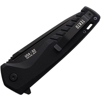 Tekto Knives F3 Charlie Button Lock Black Folding Knife - D2 Tool Steel Blade, G10 Handle, Blue Anodized Accents by Tekto Knives