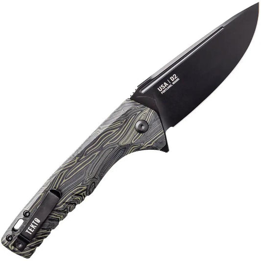 Tekto Knives F3 Charlie Button Lock - D2 Tool Steel Blade, Black Green G10 Handle, Extended Tang by Tekto Knives