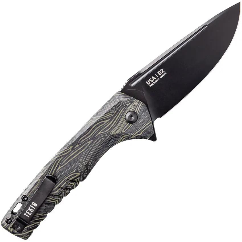 Tekto Knives F3 Charlie Button Lock - D2 Tool Steel Blade, Black Green G10 Handle, Extended Tang by Tekto Knives