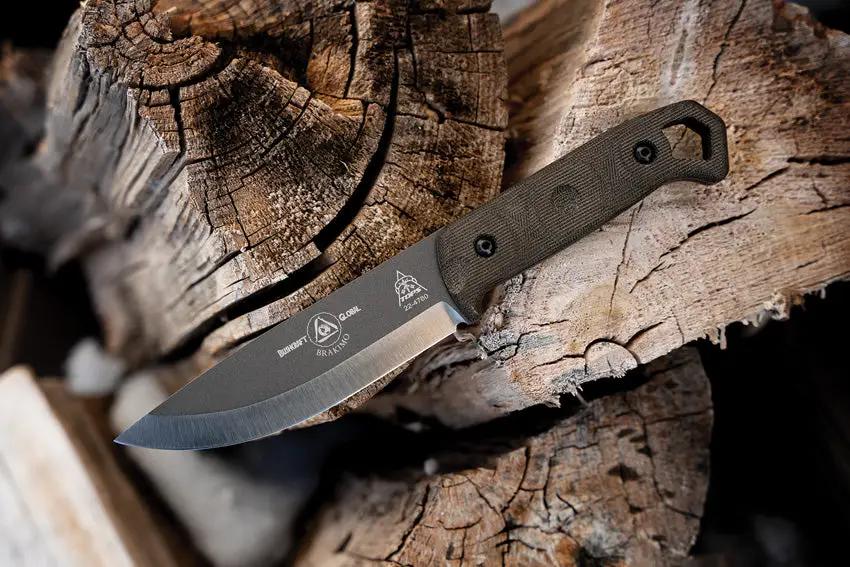 TOPS Brakimo Fixed Blade Knife - 5.25 Inch Gray Tungsten Cerakote 1095HC Blade With Green Canvas Micarta Handle by TOPS