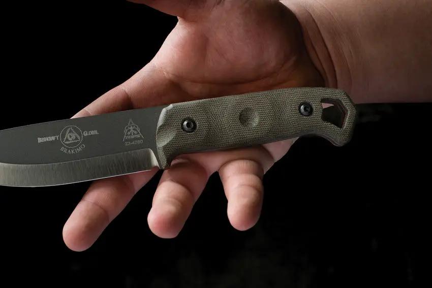 TOPS Brakimo Fixed Blade Knife - 5.25 Inch Gray Tungsten Cerakote 1095HC Blade With Green Canvas Micarta Handle by TOPS