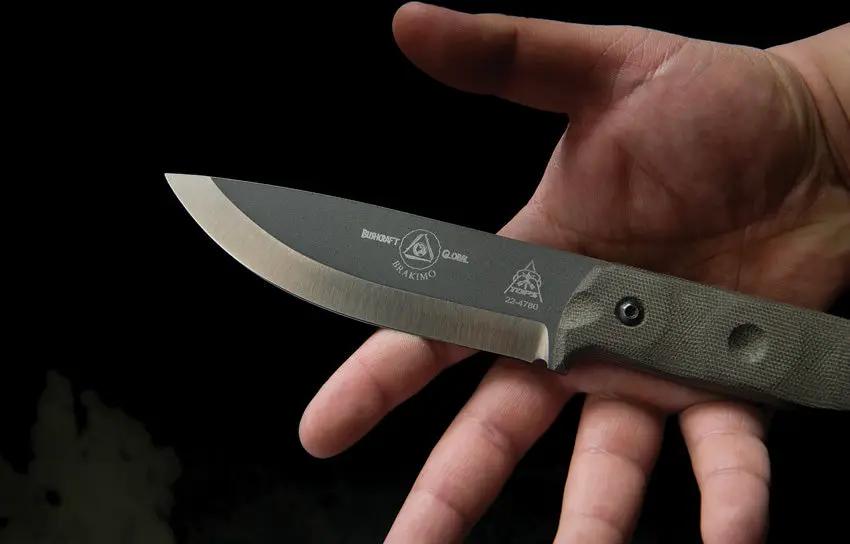 TOPS Brakimo Fixed Blade Knife - 5.25 Inch Gray Tungsten Cerakote 1095HC Blade With Green Canvas Micarta Handle by TOPS