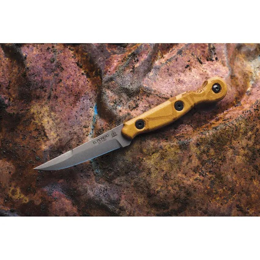 TOPS El Pionero ELPO-01 Knife - 1095HC Blade, Tan Micarta Handle, Kydex Sheath for Outdoor Enthusiasts by TOPS