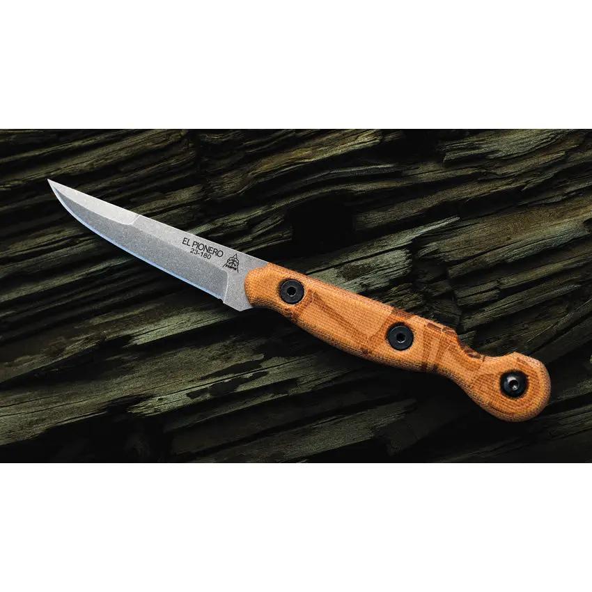 TOPS El Pionero ELPO-01 Knife - 1095HC Blade, Tan Micarta Handle, Kydex Sheath for Outdoor Enthusiasts by TOPS