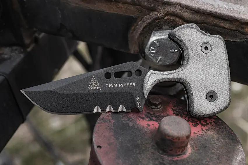 TOPS Grim Ripper GRPR01 Fixed Blade Knife - Traction Coated 1095HC Blade With Micarta Handle Kydex Sheath Outdoorsmen by TOPS