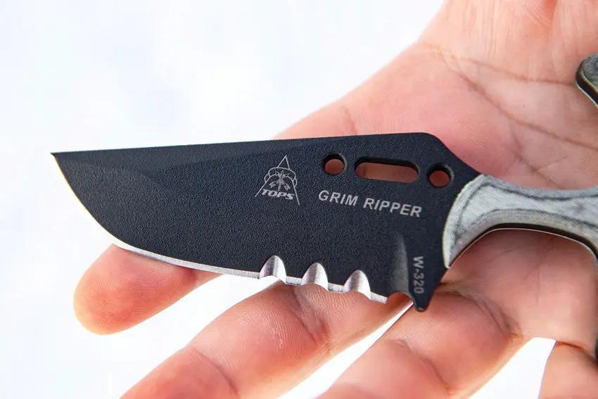 TOPS Grim Ripper GRPR01 Fixed Blade Knife - Traction Coated 1095HC Blade With Micarta Handle Kydex Sheath Outdoorsmen by TOPS