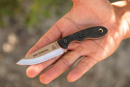 TOPS Mini Scandi Survival Knife MSK-SURV Tan Two Tone Finish Full Tang For Outdoor Fans Micarta Handle Kydex Sheath by Black Country Outdoor