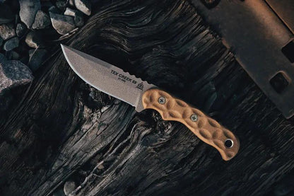 TOPS Tex Creek 69 Knife Tan Blade And Handle With Drop Point 1095 Steel Micarta Leather Sheath For Outdoorsmen by Black Country Outdoor