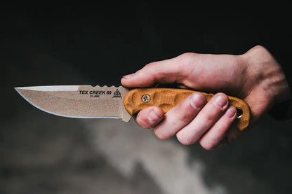 TOPS Tex Creek 69 Knife Tan Blade And Handle With Drop Point 1095 Steel Micarta Leather Sheath For Outdoorsmen by Black Country Outdoor