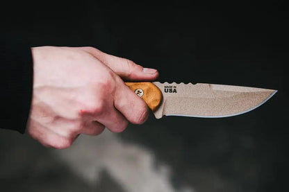 TOPS Tex Creek 69 Knife Tan Blade And Handle With Drop Point 1095 Steel Micarta Leather Sheath For Outdoorsmen by Black Country Outdoor