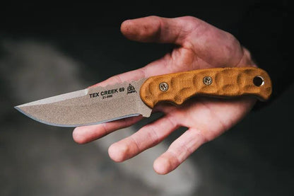 TOPS Tex Creek 69 Knife Tan Blade And Handle With Drop Point 1095 Steel Micarta Leather Sheath For Outdoorsmen by Black Country Outdoor