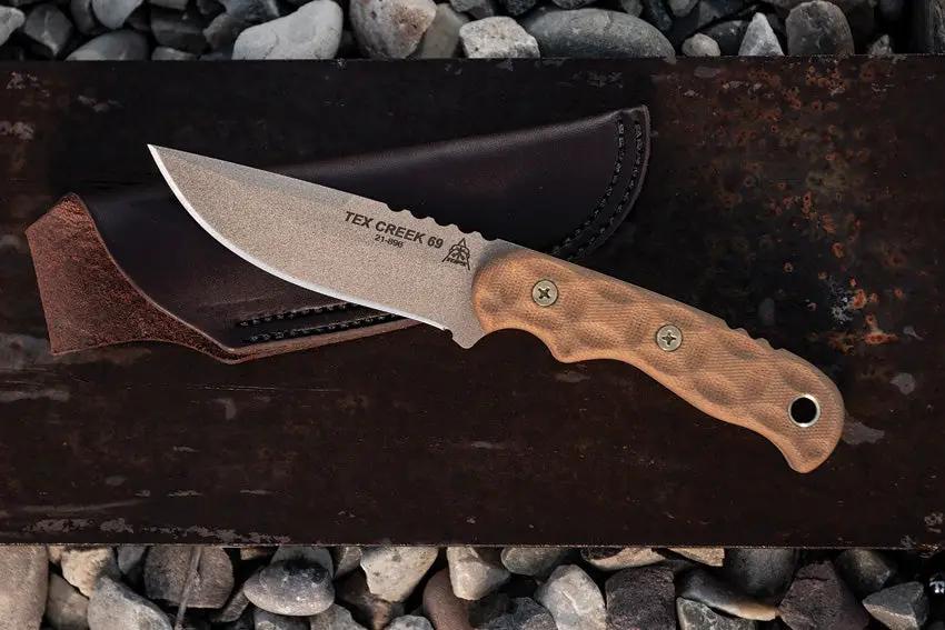 TOPS Tex Creek 69 Knife Tan Blade And Handle With Drop Point 1095 Steel Micarta Leather Sheath For Outdoorsmen by Black Country Outdoor