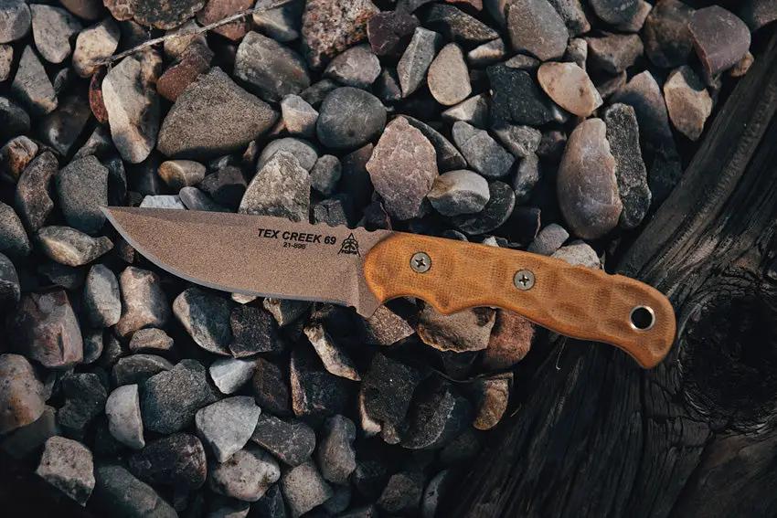 TOPS Tex Creek 69 Knife Tan Blade And Handle With Drop Point 1095 Steel Micarta Leather Sheath For Outdoorsmen by Black Country Outdoor