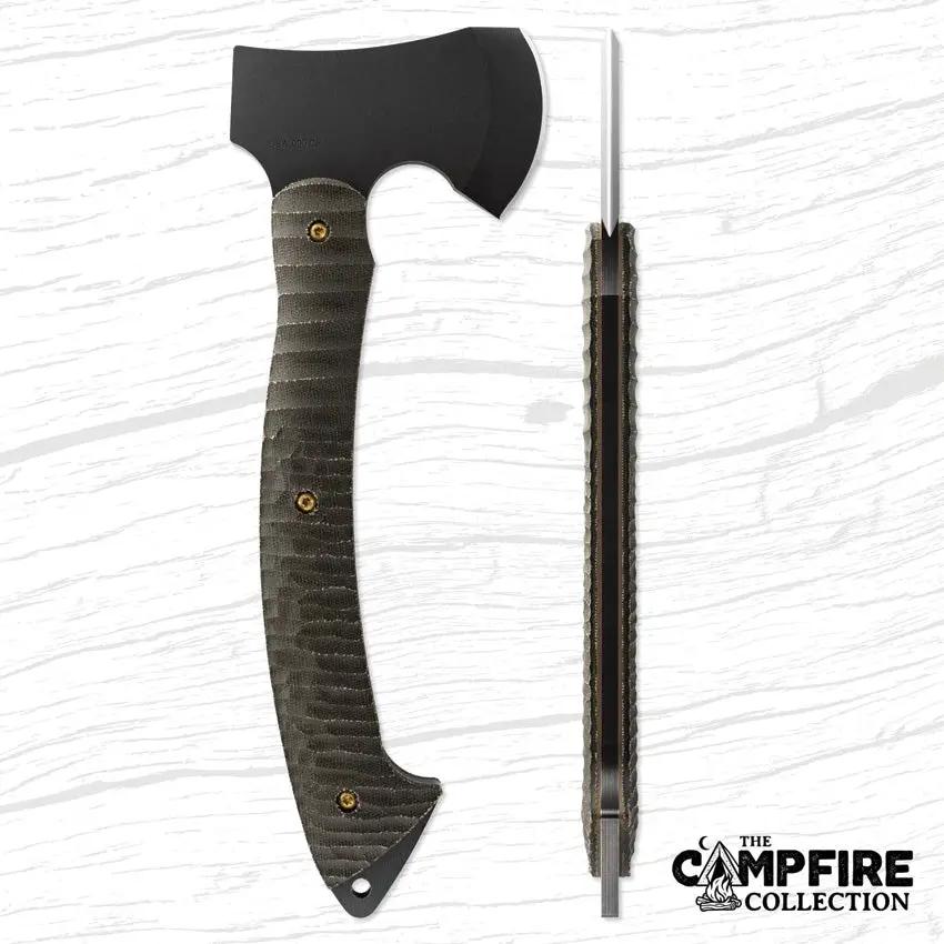 Toor Campfire Camp Axe - 12 Inch Overall With D2 Tool Steel Head And 3 Inch Cutting Edge Green Canvas Micarta Handle by Toor