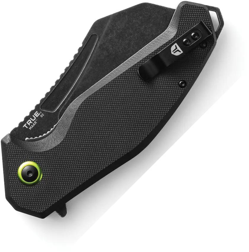 True Maar Linerlock TRU-FMK-0007 Folding Knife - Black Stonewash D2 Tool Steel Blade With Black G10 Handle by TRUE