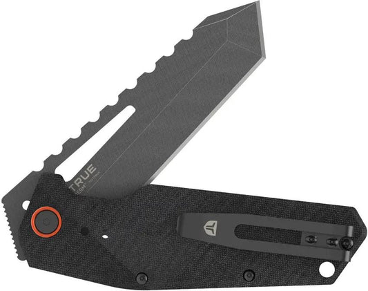 True Berm Tanto Linerlock Knife - Gray TiNi Coated 7Cr17MoV Blade With Black G10 Handle by TRUE