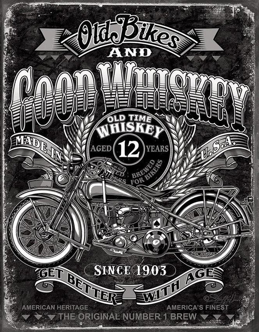 Tin Signs Old Bikes Good Whiskey 2458 by Tin Signs