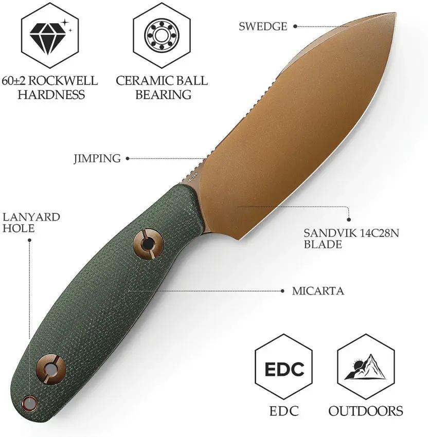 Trivisa Aubergine Fixed Blade GrnMic JM05-GM-14 - Full Tang Green Canvas Micarta Handle 14C28N Sandvik Blade by TRIVISA