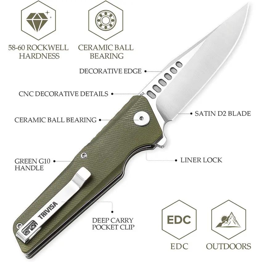 TRIVISA Orion Linerlock Green - D2 Tool Steel Blade, G10 Handle, Extended Tang, Pocket Clip by TRIVISA