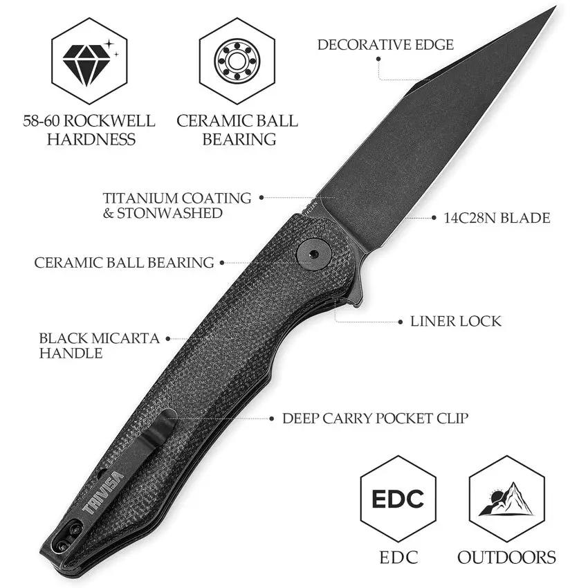 Trivisa Lynx Linerlock Blackout - 14C28N Stainless Blade With Black G10 Handle And Extended Tang by TRIVISA