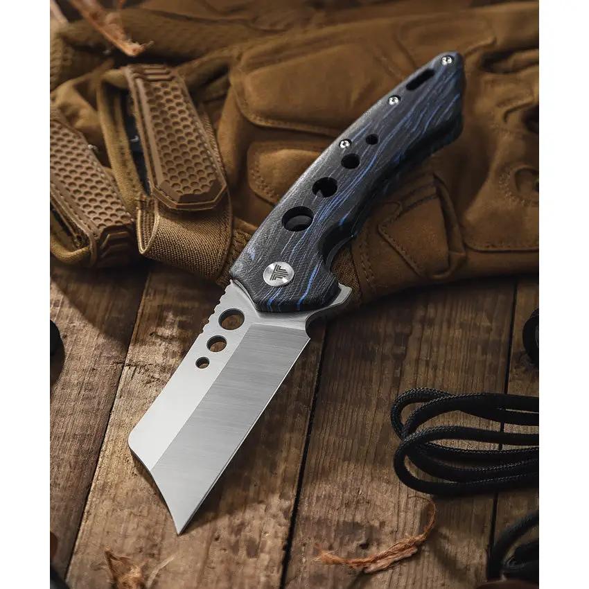 TRIVISA Mensae Linerlock - 154CM Satin Blade with Black Blue G10 Handle and Pocket Clip by TRIVISA