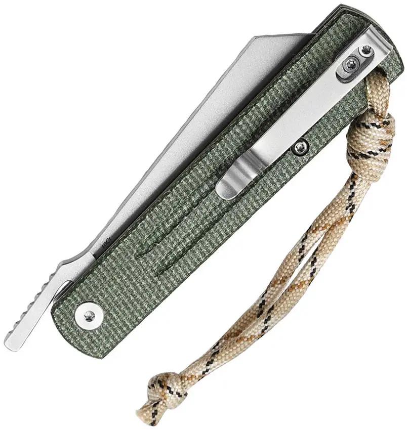 Trivisa Hydra Button Lock Knife - Green Canvas Micarta Handle Extended Tang 3.25 Inch Stonewash Blade by TRIVISA