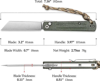 Trivisa Hydra Button Lock Knife - Green Canvas Micarta Handle Extended Tang 3.25 Inch Stonewash Blade by TRIVISA
