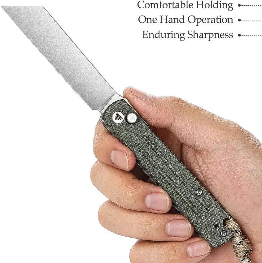 Trivisa Hydra Button Lock Knife - Green Canvas Micarta Handle Extended Tang 3.25 Inch Stonewash Blade by TRIVISA