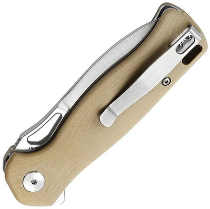 Trivisa Crateris-03 Button Lock Tan Knife With Satin Finish 14C28N Sandvik Drop Point Blade - G10 Handle by TRIVISA