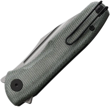 Trivisa Antliae Button Lock Knife Od TY22 GM 14 Extended Tang Sandvik 14C28N Blade Green Canvas Micarta Handle by TRIVISA