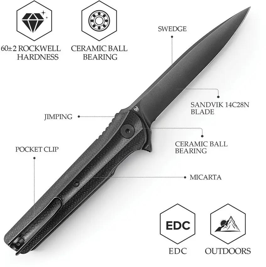 TRIVISA Seagull Linerlock - Black Stonewash 14C28N Blade With Extended Tang Pocket Clip by TRIVISA