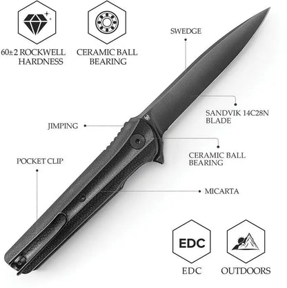 TRIVISA Seagull Linerlock - Black Stonewash 14C28N Blade With Extended Tang Pocket Clip by TRIVISA