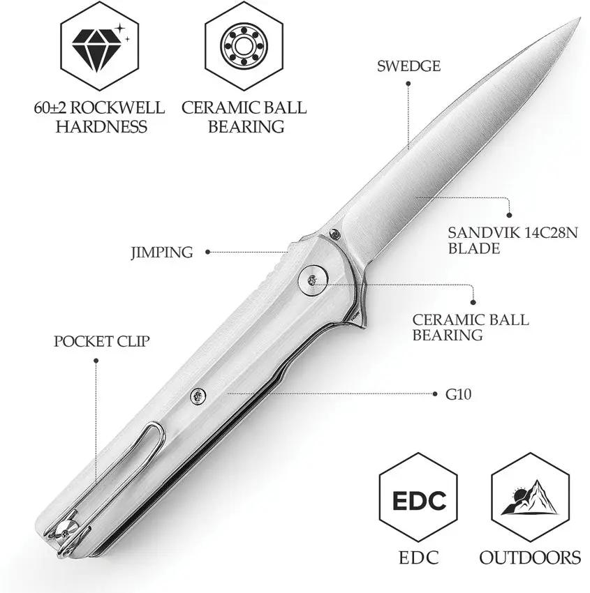 TRIVISA Seagull Linerlock White G10 TY28-WG-14 - Extended Tang, Satin 14C28N Blade, Pocket Clip by TRIVISA