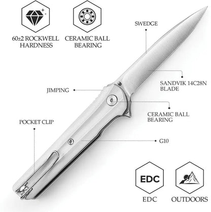 TRIVISA Seagull Linerlock White G10 TY28-WG-14 - Extended Tang, Satin 14C28N Blade, Pocket Clip by TRIVISA