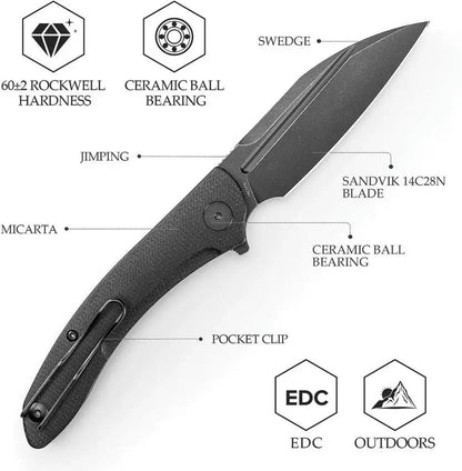 Trivisa Cuckoo Linerlock Black - EDC Folding Knife With 14C28N Steel Blade And Micarta Handle by TRIVISA