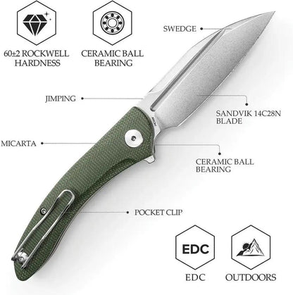 Trivisa Cuckoo Linerlock Green Micarta Handle 3.37-Inch 14C28N Blade EDC Folding Knife - Durable Everyday Carry by TRIVISA