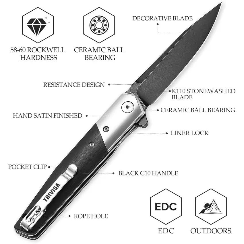 TRIVISA Leominor Linerlock Black XW01 B KG Compact 4.5in Closed 3.5in Bohler K110 Blade Black G10 Handle by TRIVISA
