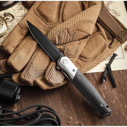 TRIVISA Leominor Linerlock Black XW01 B KG Compact 4.5in Closed 3.5in Bohler K110 Blade Black G10 Handle by TRIVISA