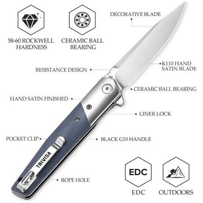 TRIVISA Leominor Linerlock - Blue G10 Handle With Satin Bohler K110 Blade, 4.5 Inch Closed EDC Knife by TRIVISA