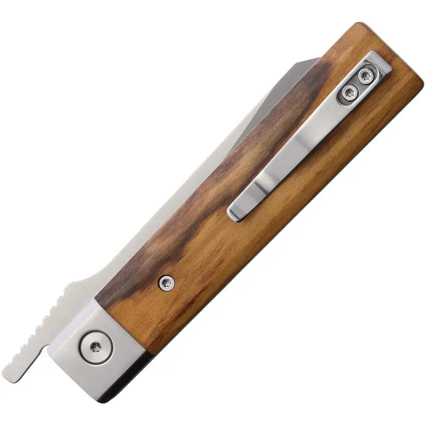 Trivisa Dolphin Linerlock Olive Wood - Satin 14C28N Reverse Tanto Blade, Extended Tang, Pocket Clip by TRIVISA