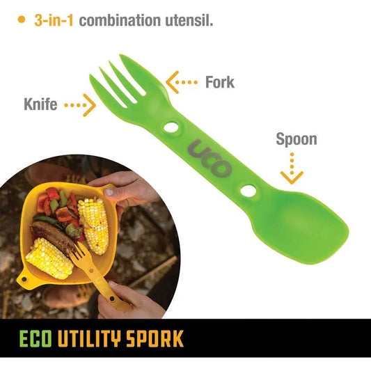 UCO Eco Utility Spork 2 Pack Green Lavender Three-In-One Fork Spoon Serrated Edge Dishwasher Safe BPA Free For Campers by UCO
