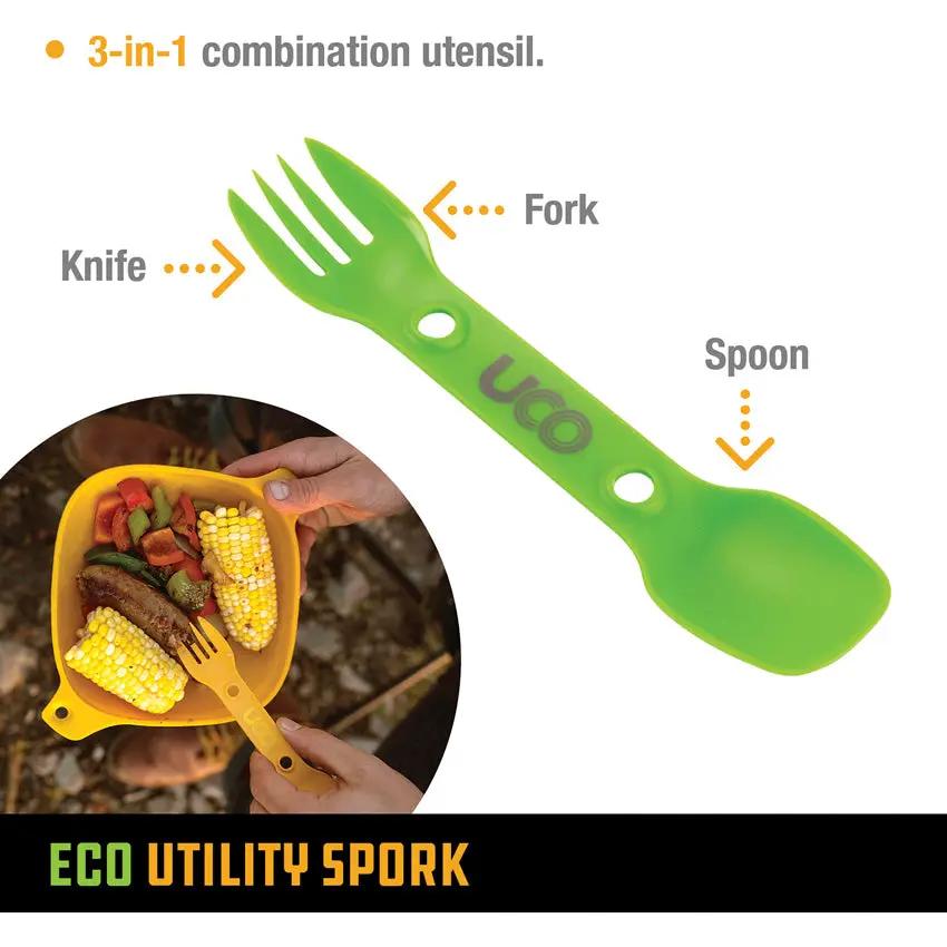 UCO Eco Utility Spork 2 Pack Green Lavender Three-In-One Fork Spoon Serrated Edge Dishwasher Safe BPA Free For Campers by UCO