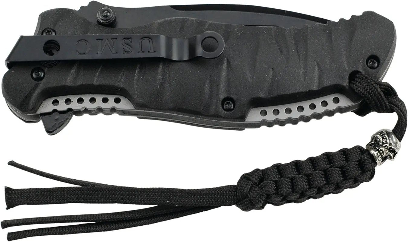 USMC Reaper Manual M-1020BK - Partially Serrated Black 440C Blade With Manual Opening And Durable Grooved Handles by USMC
