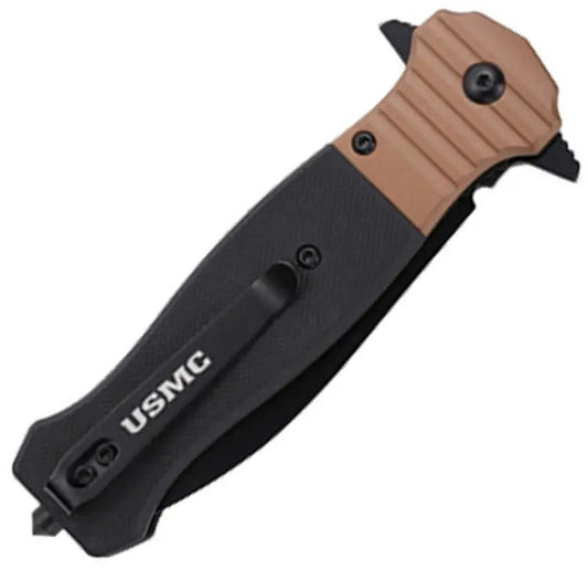 USMC Linerlock Knife Blk Tan G10 M3011G10 - 3.5in Black Oxide Spear Point Blade Glass Breaker Extended Tang by USMC