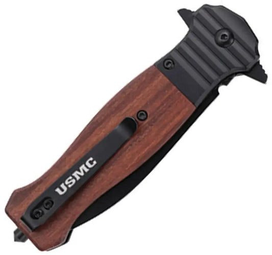 USMC Linerlock Wood M-3011WD - Durable Spear Point Knife With Glass Breaker Pocket Clip Extended Tang by USMC