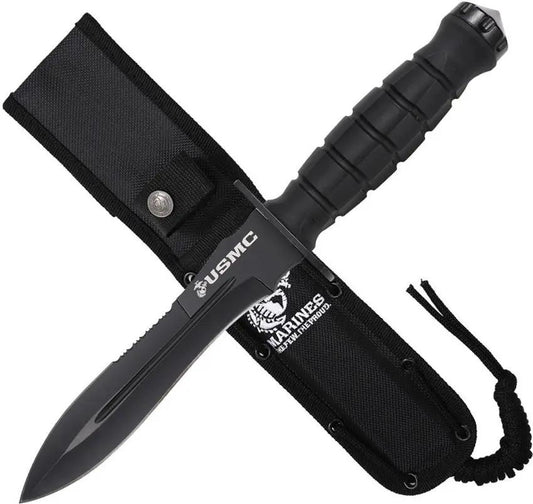 USMC Fixed Blade Knife - Sawback Black Coated 3Cr13 Stainless Blade With Glass Breaker And FRN Handle by USMC