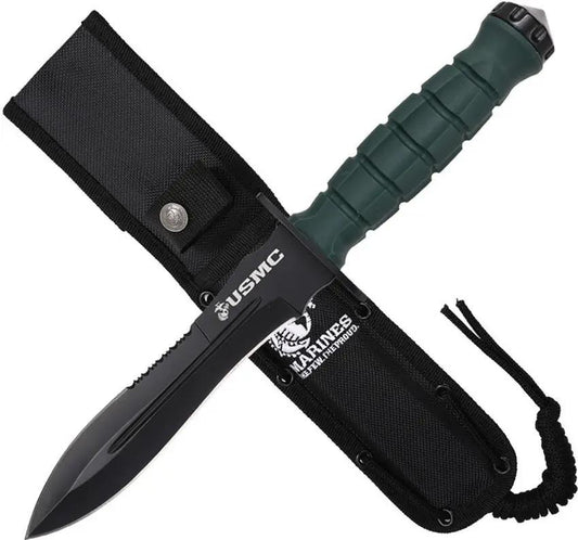USMC Fixed Blade Green M-FIX3002GN - Durable Sawback Knife With FRN Handle And Glass Breaker by USMC