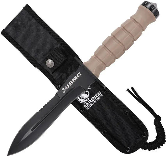 USMC Fixed Blade Tan M-FIX3002TN - Sawback 6.63-Inch Stainless Blade, FRN Tan Handle, Glass Breaker by USMC