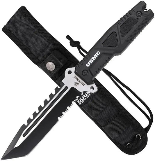 USMC Fixed Blade M-FIX3003BK - 6 Inch Two-Tone Sawback Tanto Blade With Full Tang And Black FRN Handle by USMC